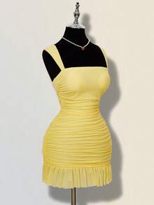 ICON Vestido mini ajustado de mujer de unicolor elegante con malla y drapeado - Amarillo claro - Ver 3