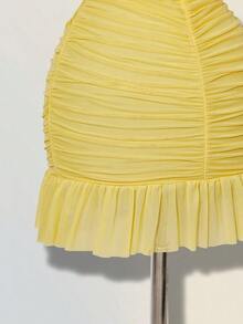ICON Vestido mini ajustado de mujer de unicolor elegante con malla y drapeado - Amarillo claro - Ver 8