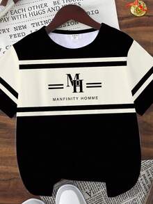 男童春夏休闲时尚创意个性清新高端简约MH条纹黑米色图案字母标语印花舒适基础款短款T恤，温暖的夏秋款式，适合春、夏、秋季穿着。 - 彩色 - 查看 5