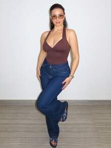 MDEdit 女式翻边腰阔腿宽松休闲牛仔裤 - 深色水洗藍 - 查看 5