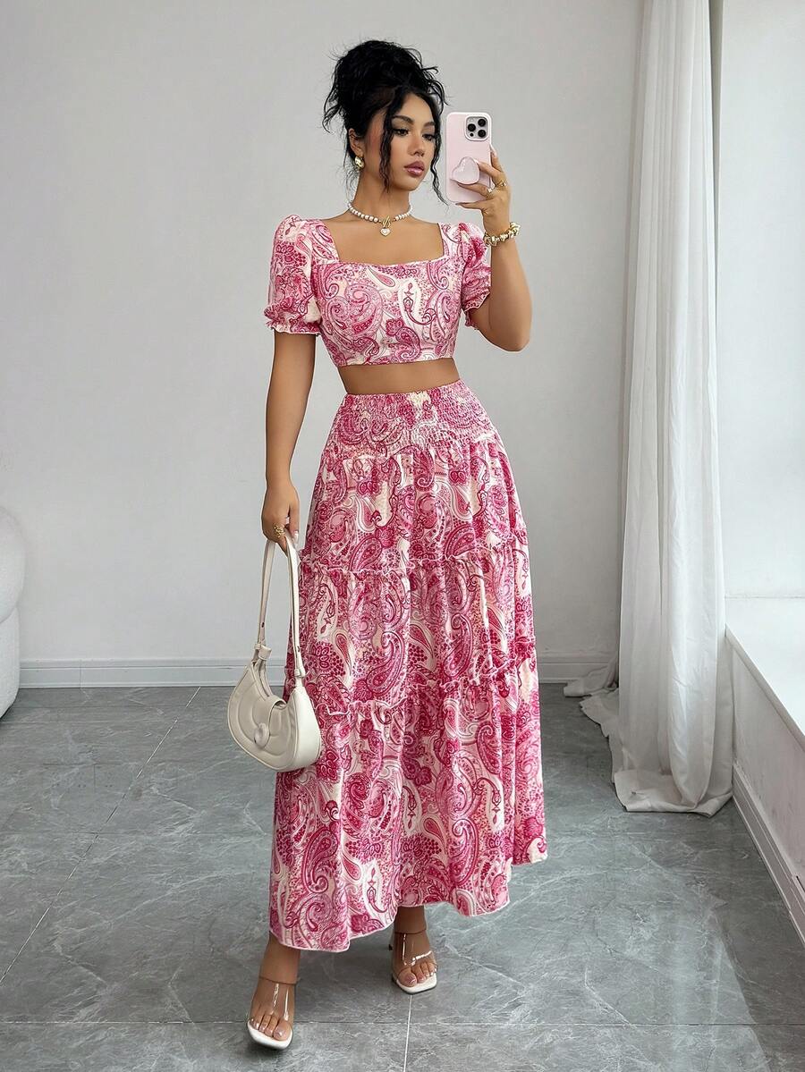 SHEIN Elenzya Women's Elegant Vintage Retro Print Square Collar Cropped Top Paired With High Waist A-Line Patchwork Skirt, Spring/Summer - Pink - View 1