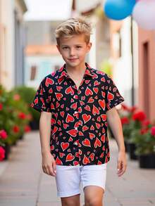 Boys' Gentleman Black Casual Street Heart Print Slim Fit Turndown Collar Button-Up Short Sleeve Shirt - Black - View 1