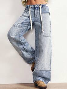 Bohemela 波西米亚风秋冬/春复古女式休闲条纹拼接水洗牛仔低腰宽松直筒裤，西部乡村风格，适合海滩度假、日常穿着、返校、外出、派对、新年等场合。 - 彩色 - 查看 10