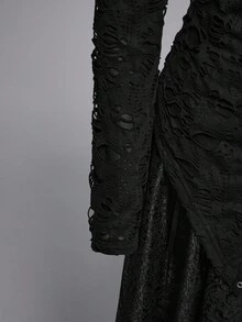 ROMWE Áo cỡ lớn gợi cảm màu đen rách họa tiết hoa phối lưới, vạt bất đối xứng, phong cách Punk Goth. - màu đen - Xem 5