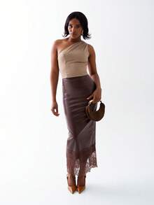 OverBlushhh Women's Elegant Faux Leather Crocodile Texture High-Waisted Straight Pencil Skirt With Lace Slit,Shades Of Brown,Autumn,Date,Work Office Long Skirt - Brown - View 4