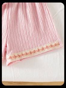 Genkimix Kids 女童花卉刺绣吊带背心和短裤套装，带缎带饰边 - 粉色 - 查看 6