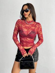 EgrlEra 蕾丝边修身长袖上衣 Y2K - 紫紅色 - 查看 6