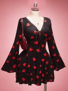 SHEIN ICON 大码女式心形图案V领喇叭袖前系带连衣裙 - 彩色 - 查看 5