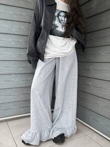 FRIFUL Women's Elastic Waist Layered Ruffle Hem Maxi Pants - Grey - View 2