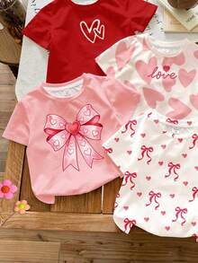 SHEIN 4pcs Young Girl Cute Sweet Heart Series T-Shirts,Short Sleeve Crew Neck Basic Tops For Summer School,White,Pink,Red Valentine's Day Casual Wear - Multicolor - View 4