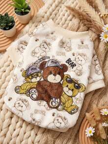 PETSIN 1件印花三只泰迪熊法兰绒卫衣，厚实保暖，适合宠物秋冬季穿着