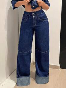 Jeanoix Quần jeans ống rộng cạp đôi dáng casual dành cho nữ, chất liệu wash nhẹ. - Màu xanh lam - Xem 1