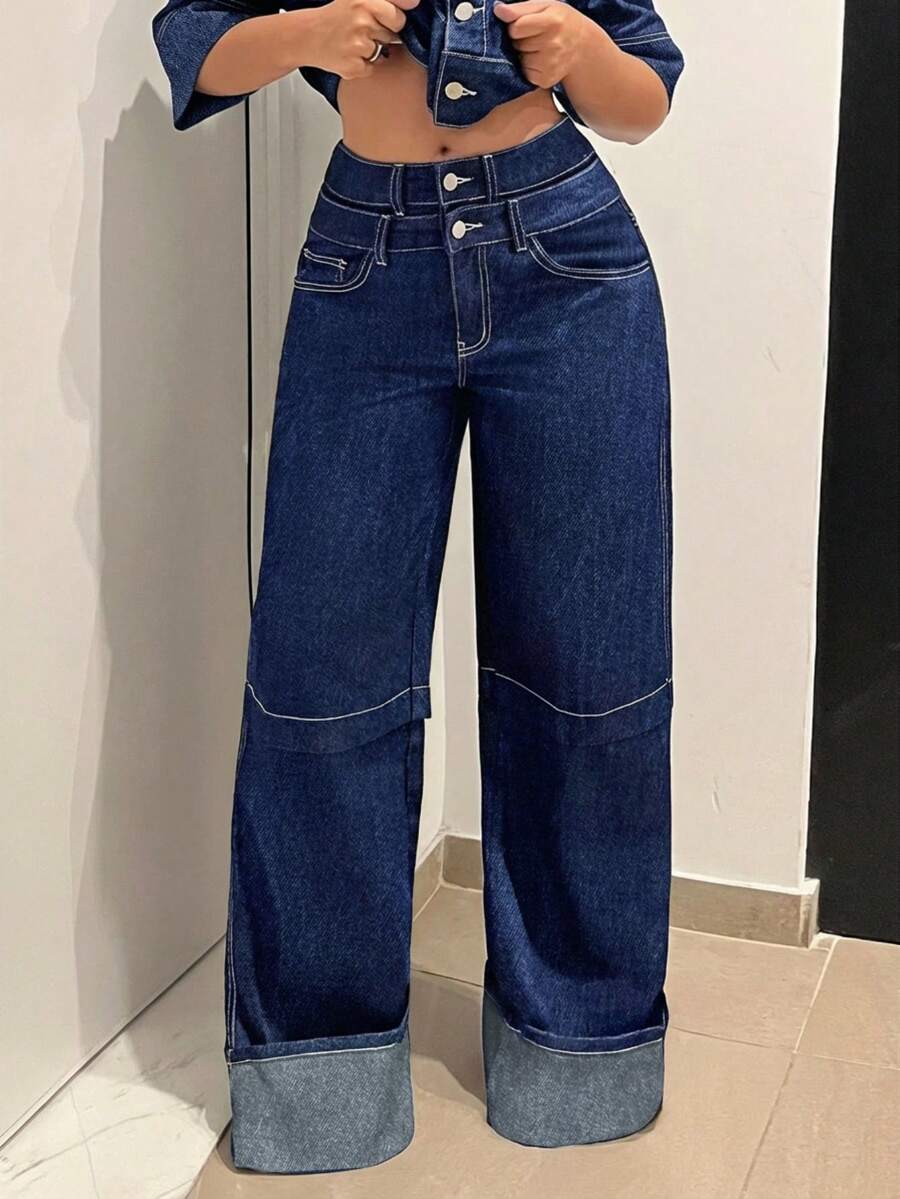 Jeanoix Quần jeans ống rộng cạp đôi dáng casual dành cho nữ, chất liệu wash nhẹ. - Màu xanh lam - Xem 1