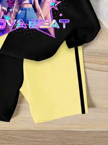 两件套少女休闲时尚韩流卡通图案短袖圆领T恤短裤套装，撞色T恤套装，舒适百搭，适合日常、度假、休闲穿着，春夏皆宜。 - 彩色 - 查看 5