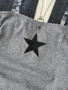 SHEIN 少女深灰色罗纹针织露脐上衣，星形图案，腰部褶皱设计 - 灰色 - 查看 3