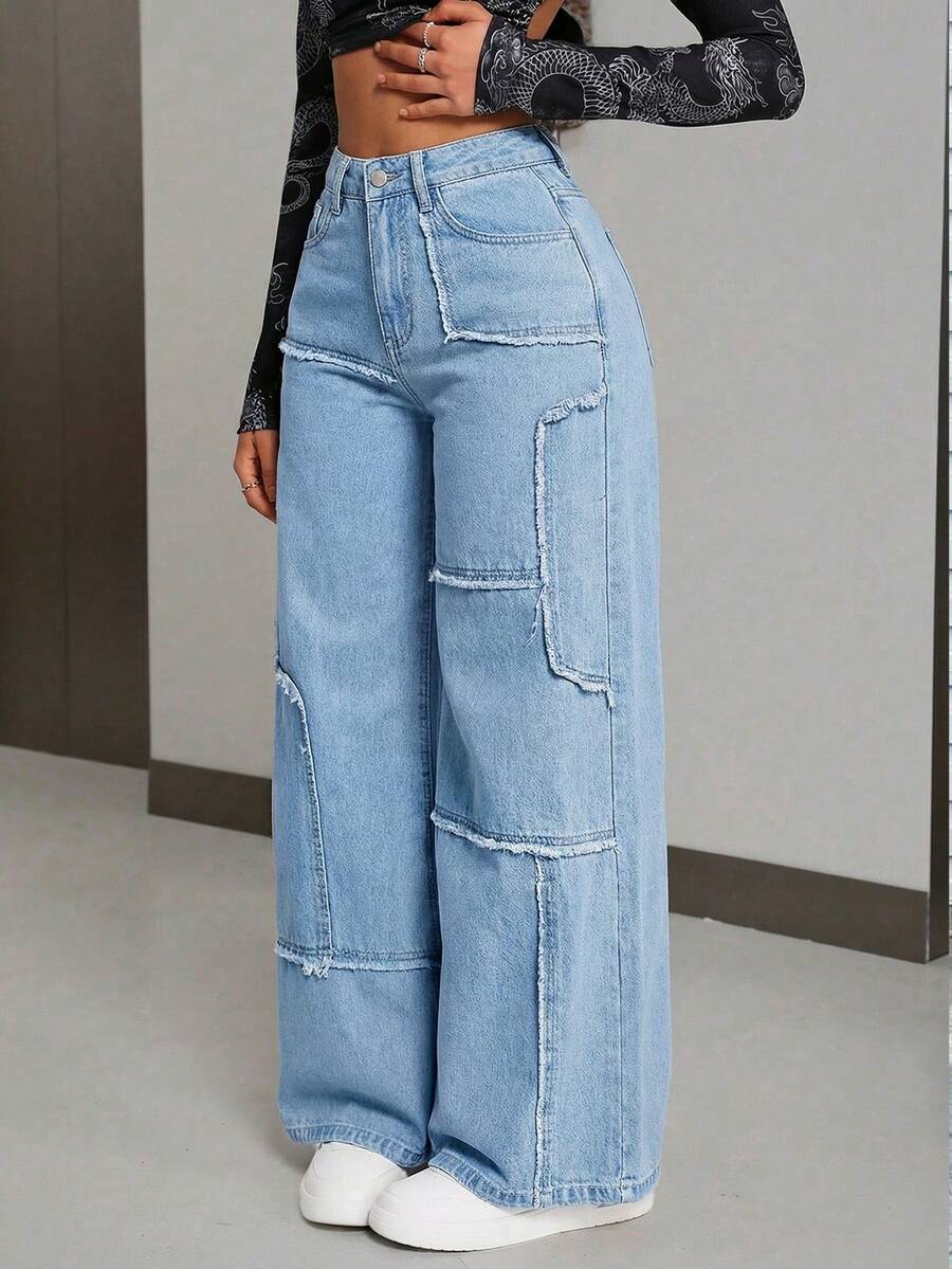 SHEIN Tall Quần jeans ống rộng rách dáng thường ngày dành cho nữ - Màu xanh lam - Xem 1