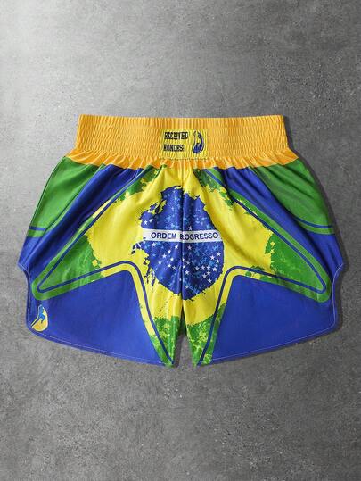 ROMWE MEN Prep Men's Elastic Waist Contrast Color Letter Print Casual Versatile Vacation Shorts