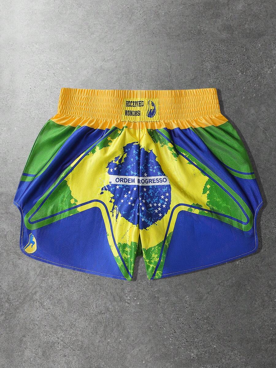 ROMWE MEN Prep Pantalones cortos casuales y versátiles para vacaciones con cintura elástica, contraste de color y estampado de letras para hombres - Multicolor - Ver 1