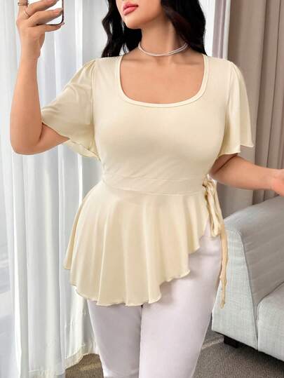 Modelyn 大码女式纯色方领荷叶边短袖侧系腰时尚T恤