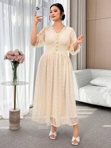 Modelyn Đầm dự tiệc cỡ lớn dành cho nữ, kiểu dáng thanh lịch, xếp ly, phối ren, đính cúc, thắt eo. - Màu be - Xem 8