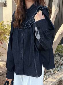 FRIFUL 女士休闲通勤荷叶边牛仔衬衫