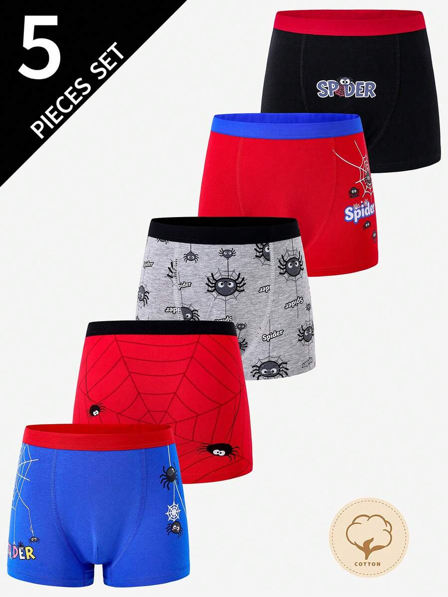 5 chiếc/gói Quần lót cotton in hình nhện dễ thương, thoải mái cho bé trai, nhiều màu
