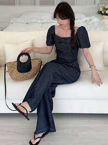 DAZY 女士3D蝴蝶结棉质牛仔上衣和高腰牛仔裤套装，时尚牛仔套装 - 藍色 - 查看 6