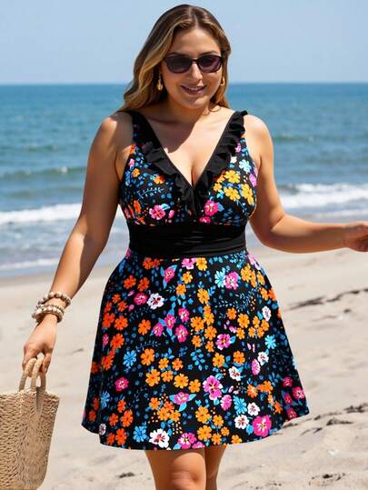 Swim Lushoire New Models In 2026 Plus Size Women Modest Floral Print Tankini Swimsuit With Skirt, Tummy Control, Black Solid Color With Digital Printed Floral Trim, Suitable For Beach, Party, Vacation Vacation Dresses Woman Curve Plus Size Sundress Spring Into Summer Plus Size Sun Dress Spring To Summer Primavera A Verano Plus Size Swim Dress Plus Size Vacation Dress