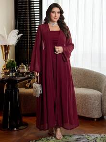 Modelyn Vestido maxi ajustado de unicolor con cintura fruncida + Cárdigan suelto de manga larga de gasa de unicolor, talla grande, primavera/otoño - Burdeos - Ver 8