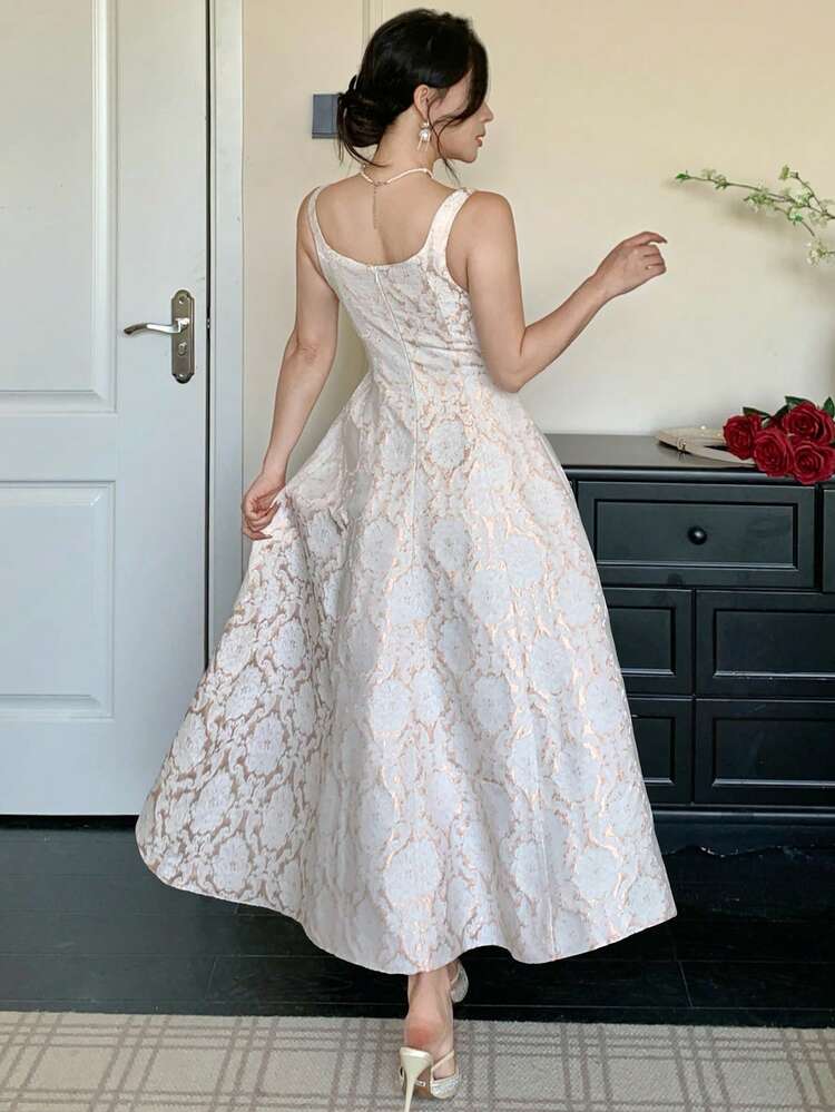 Women's Elegant Floral Print Sleeveless Dress With Square Neckline, Summer Wedding Guest Dress Maxi Dress Sundress