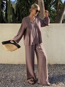 Livesso 2pcs Women Casual Lace-Up V-Neck Top And Pants Set - Rust Brown - View 1