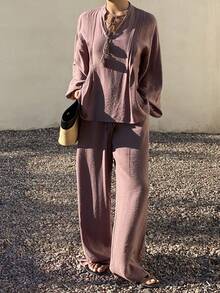 Livesso 2pcs Women Casual Lace-Up V-Neck Top And Pants Set - Rust Brown - View 6