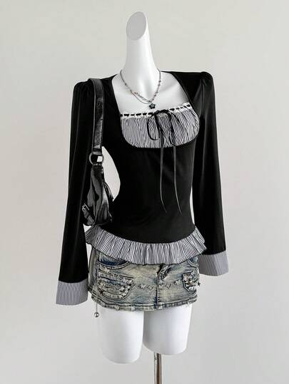 Sweetra Women's New Spring/Summer Commute/Work Daily Solid Color Lace Trim Ribbon Decor Black Patchwork Black & White Striped Preppy Cute Blouse