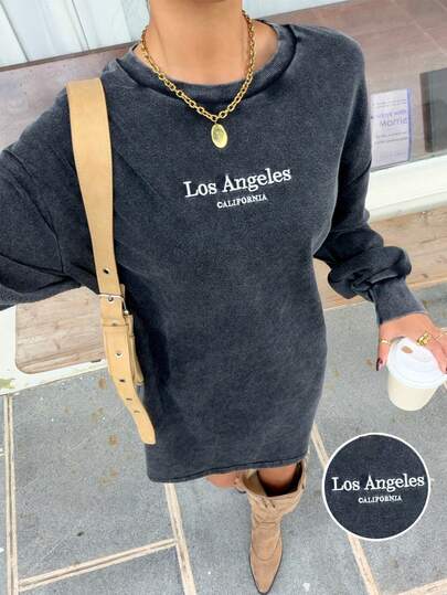 Muchica Vestido mini de manga larga con bordado de letras y copos de nieve lavados vintage para mujer