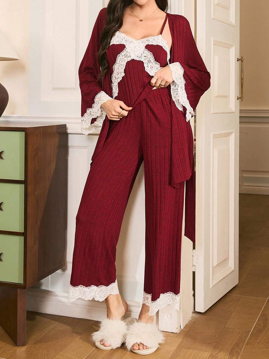 Moireta Elegant Lace Trim Flare Sleeve Pants Women Pajama Set, Charming For Valentine's Day - Burgundy - View 1