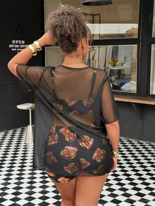 SHEIN Swim Set Baju Renang Tankini Wanita Ukuran Plus dengan Motif Huruf & Angka dan Atasan Penutup - Hitam - View 2