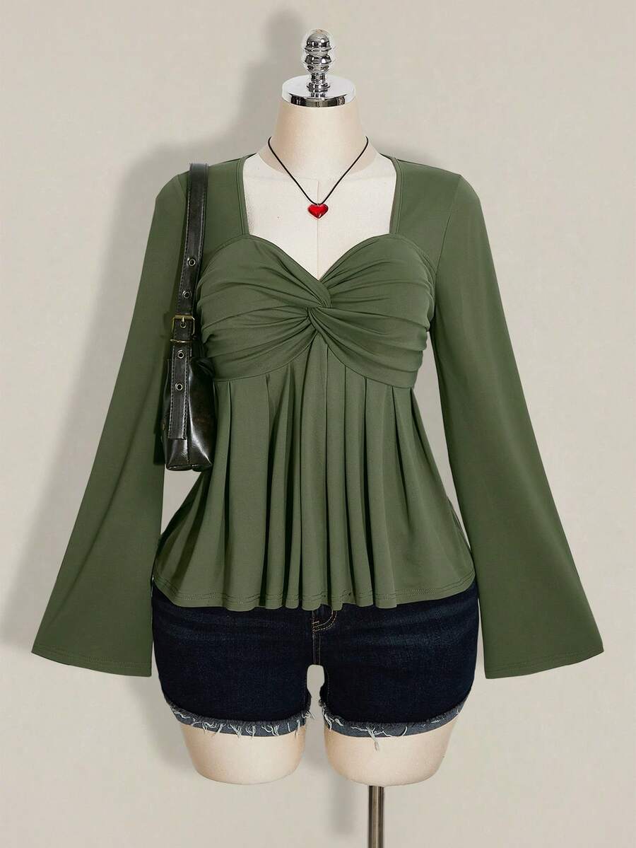 SHEIN ICON 大码女式黑色胸前扭结针织上衣,娃娃衫针织上衣,Y2K风格服装,毕业季返校季秋季服装,可爱女式上衣,娃娃衫 - 軍綠色 - 查看 1