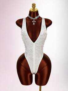 Amplova Áo liền thân gợi cảm thời trang cổ khoét sâu, màu trơn, đính ngọc trai giả dành cho nữ. - trắng - Xem 6