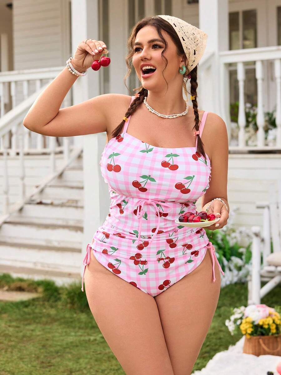 Swim Mod Set bikini nou pentru femei, mărime plus, cu imprimeu drăguț de cireșe, costum de baie din două piese, fără spate - Multicolor - Vizualizare 1
