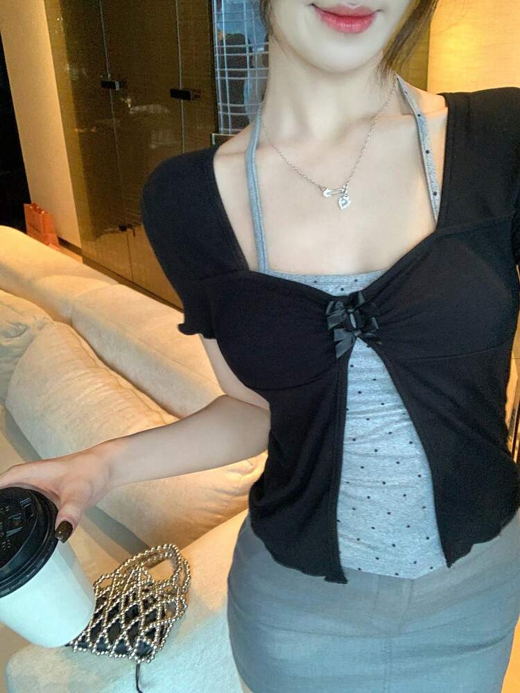 Women's Casual Short Sleeve T-Shirt With Ruffle Hem And Contrast Color Blocking, Girly Style