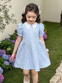 LMoss Kids Young Girl Woven Contrast Color Square Collar Puff Sleeve Casual Dress,Kids - Baby Blue - View 4