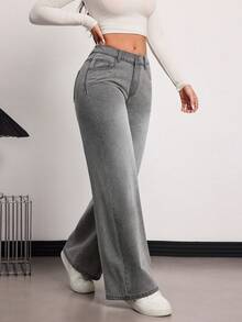 SHEIN Tall Jeans rectos de tela vaquera lavada gris, cómodos, de pierna ancha y bolsillos, versátiles para mujer en verano y primavera