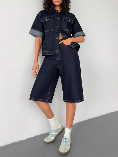 EURMUSE WOMEN Two Pieces OUTFIT DENIM SHIRT AND JORT HIGH WAIST Short Denim Jacket And Jeans Set Women Denim Two Pieces Outfit 2 Piece Casual Set Women 2 Piece Denim Set Women Jean 2 Piece Set 2 Piece Casual Sets Woman 2 Piece Denim Sets Woman