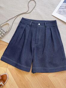 INAWLY 女士时尚休闲高腰A字阔腿百慕大短裤 - 藍色 - 查看 1