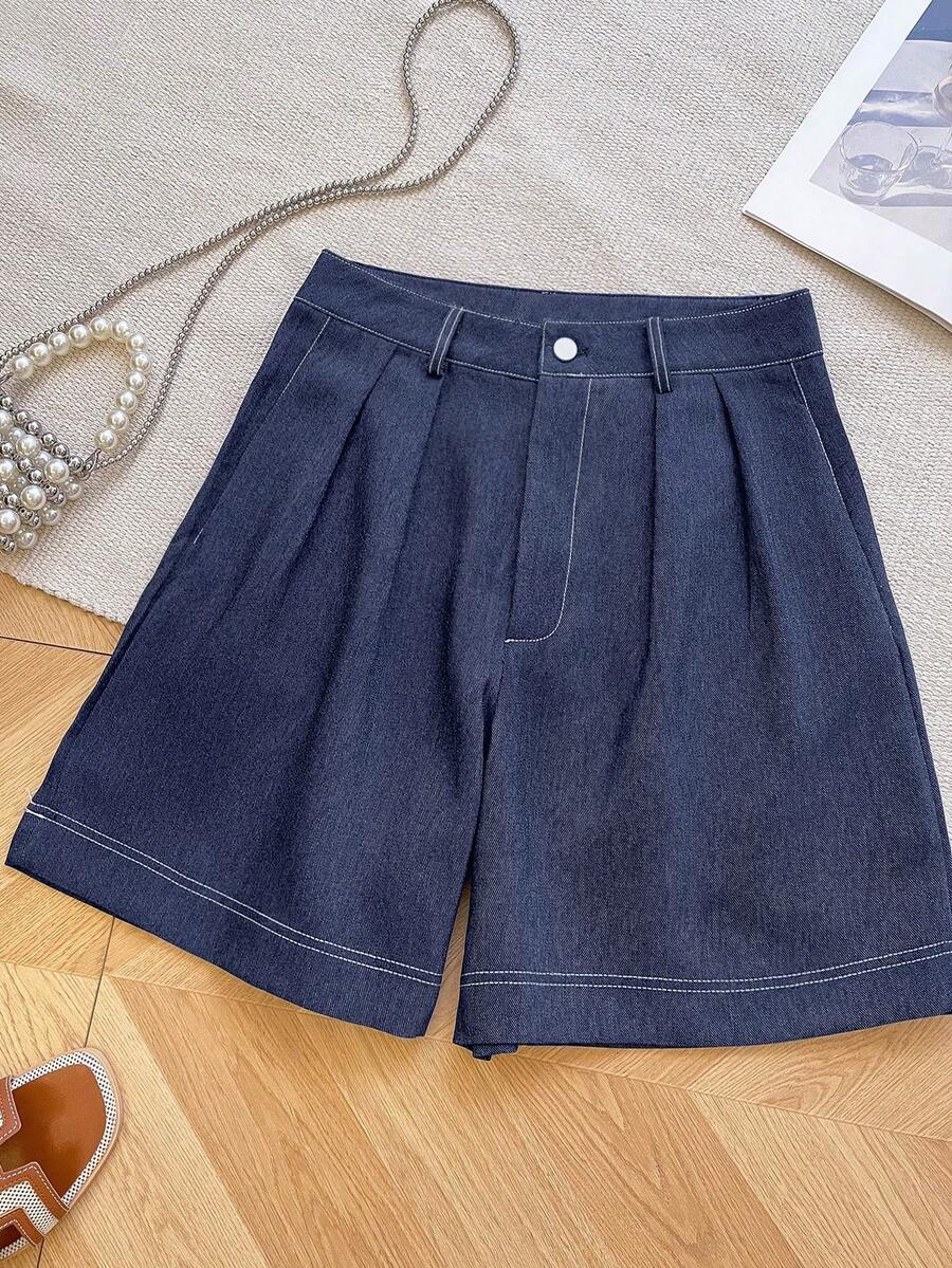 INAWLY 女士时尚休闲高腰A字阔腿百慕大短裤 - 藍色 - 查看 1