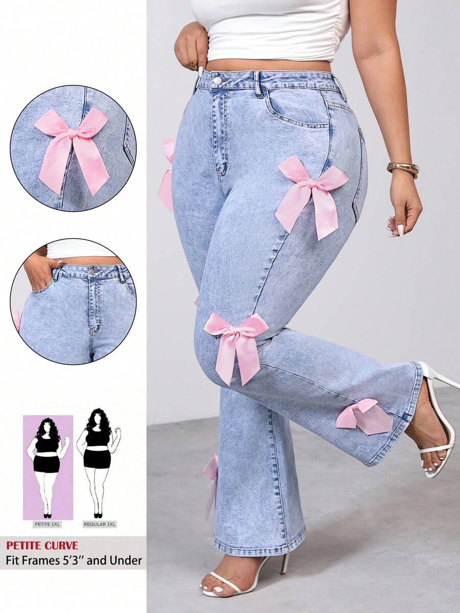 SHEIN PETITE CURVE Quần jean ống loe màu hồng thanh lịch, trang trí nơ, co giãn, thoải mái, thích hợp cho mùa hè và mùa xuân, dành cho các bữa tiệc Valentine, lễ hội hóa trang, tiệc tùng. - Rửa nhẹ - Xem 1