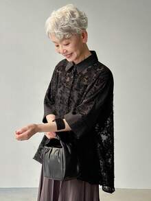 FRIFUL 女士纯黑色薄纱蕾丝拼接露背宽松休闲百搭上衣 - 黑色 - 查看 4