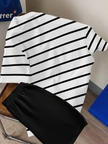 Manfinity Joysei 两件套经典黑白条纹小Logo印花休闲T恤和短裤套装 - 彩色 - 查看 2