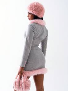 OverBlushhh Women's Grey Faux Fur Trim Mini Skirt High Waist Party Cute - Grey - View 5