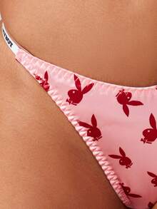 Missguided x Playboy Cheeky Thong Bikini Bottom With Bunny Logo Print High Cut Brazilian Style String Swimwear For Beach Pool Summer Vacation - Multicolor - View 6